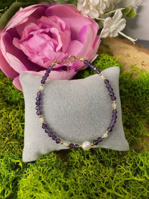 Bransoletka kamień naturalny AMETYST PERŁA SREBRO