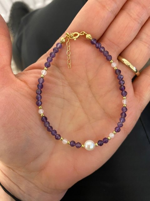 Bransoletka kamień naturalny AMETYST PERŁA SREBRO