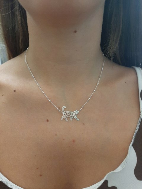 Srebrny naszyjnik kulkowy kotek kot origami 925