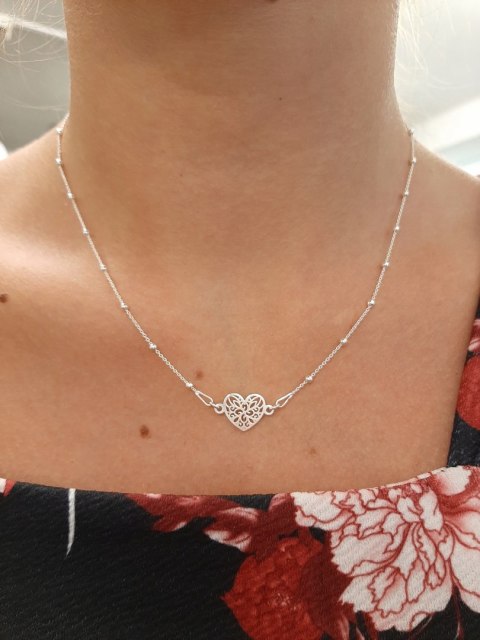 Srebrny naszyjnik kulkowy serce ażurkowe srebro925