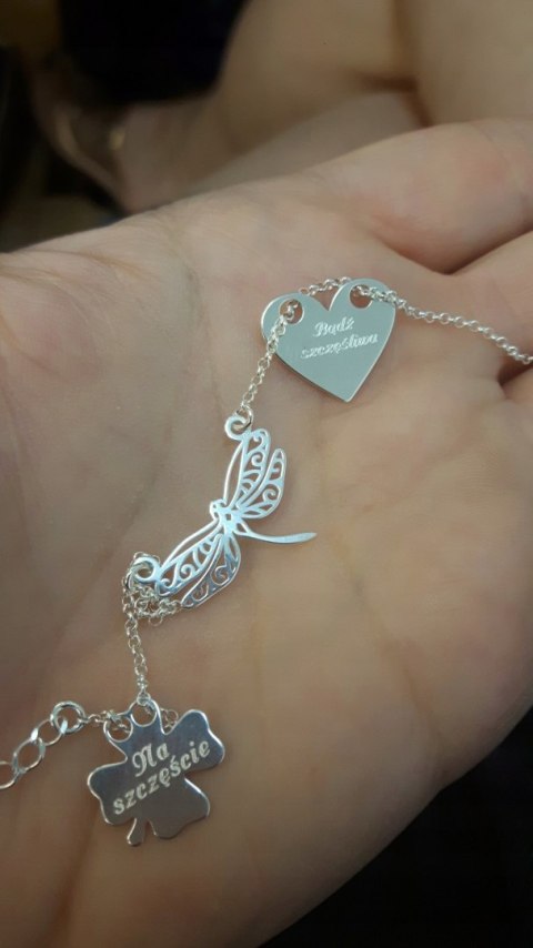 Srebrna bransoletka 3 zawieszki WAŻKA GRAWER 925