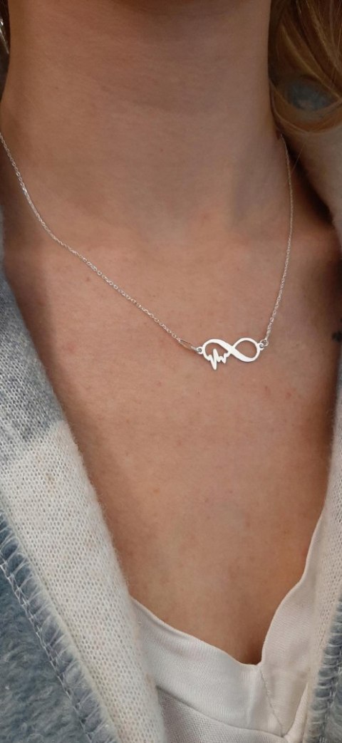 KOMPLET SREBRNY nieskończoność linia serca+GRAWER