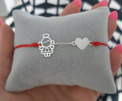 BRANSOLETKA SZNURKOWA ANIOŁEK SERCE Komunia GRAWER SREBRO