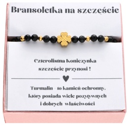 Bransoletka NA SZCZĘŚCIE z czarnym turmalinem i koniczynką na prezent intencyjna