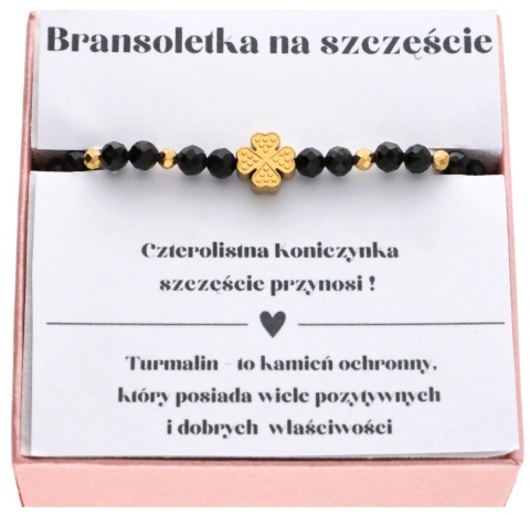 Bransoletka NA SZCZĘŚCIE z czarnym turmalinem i koniczynką na prezent intencyjna