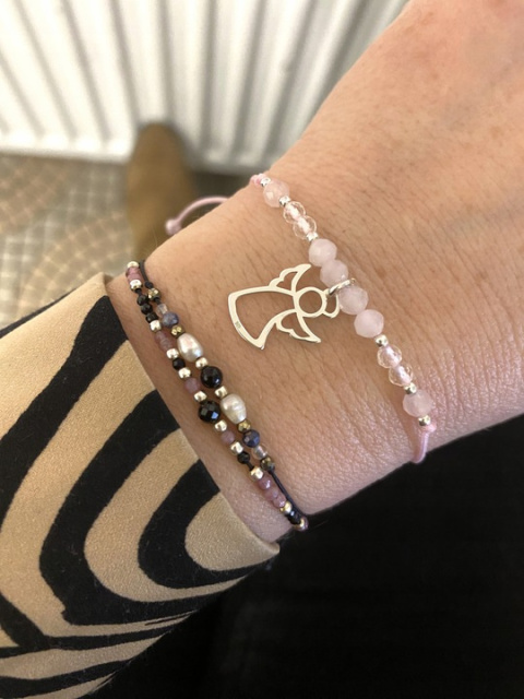 Bransoletka z aniołkiem i kamieniami naturalnymi ANIOŁ ANIOŁEK SREBRO 925