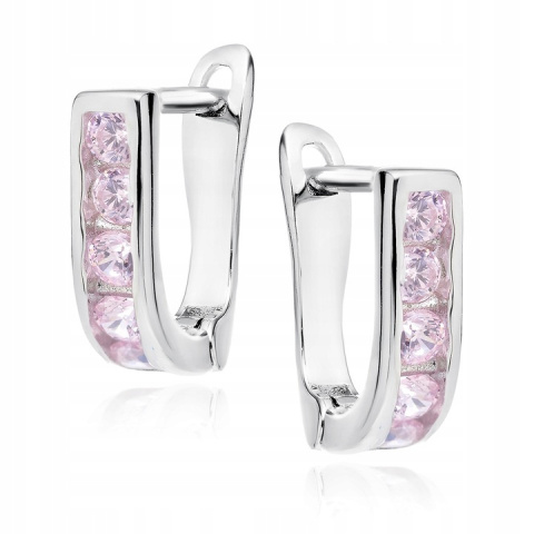 Srebrne kolczyki angielskie różowe cyrkonie KOMUNIA CHRZEST ROCZEK GRAWER