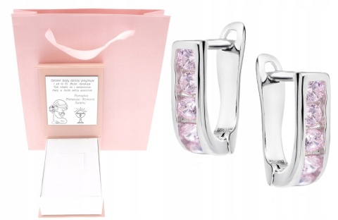 Srebrne kolczyki angielskie różowe cyrkonie KOMUNIA CHRZEST ROCZEK GRAWER